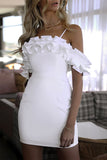 White Off-the-shoulder Ruffled Spaghetti Strap Bandage Dress