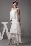 White Sleeveless Layered Ruffle High Low Evening Dress Dresses