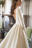 White Backless A-line Bateau Wedding Gown With Long Sleeves.