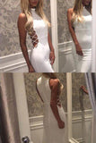 White Cut Out Sleeveless High Neck Mermaid Long Prom Evening Dress.