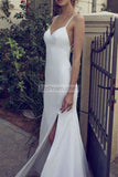 White Spaghetti Straps V-neck Evening Dress With Slit