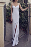 White Spaghetti Straps V-neck Evening Dress With Slit