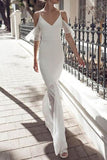 White Spaghetti Straps V-neck Off-the-Shoulder Evening Dress