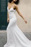 White V-neck Train Mermaid Evening Prom Dress With Spaghetti Straps