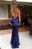 Dark Navy Sexy Sequined Spaghetti Straps Mermaid Evening Prom Dress.