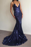 Dark Navy Sexy Sequined Spaghetti Straps Mermaid Evening Prom Dress.