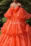 Orange Sweetheart Off The Shoulder Ruffled Evening Ball Gown Dresses